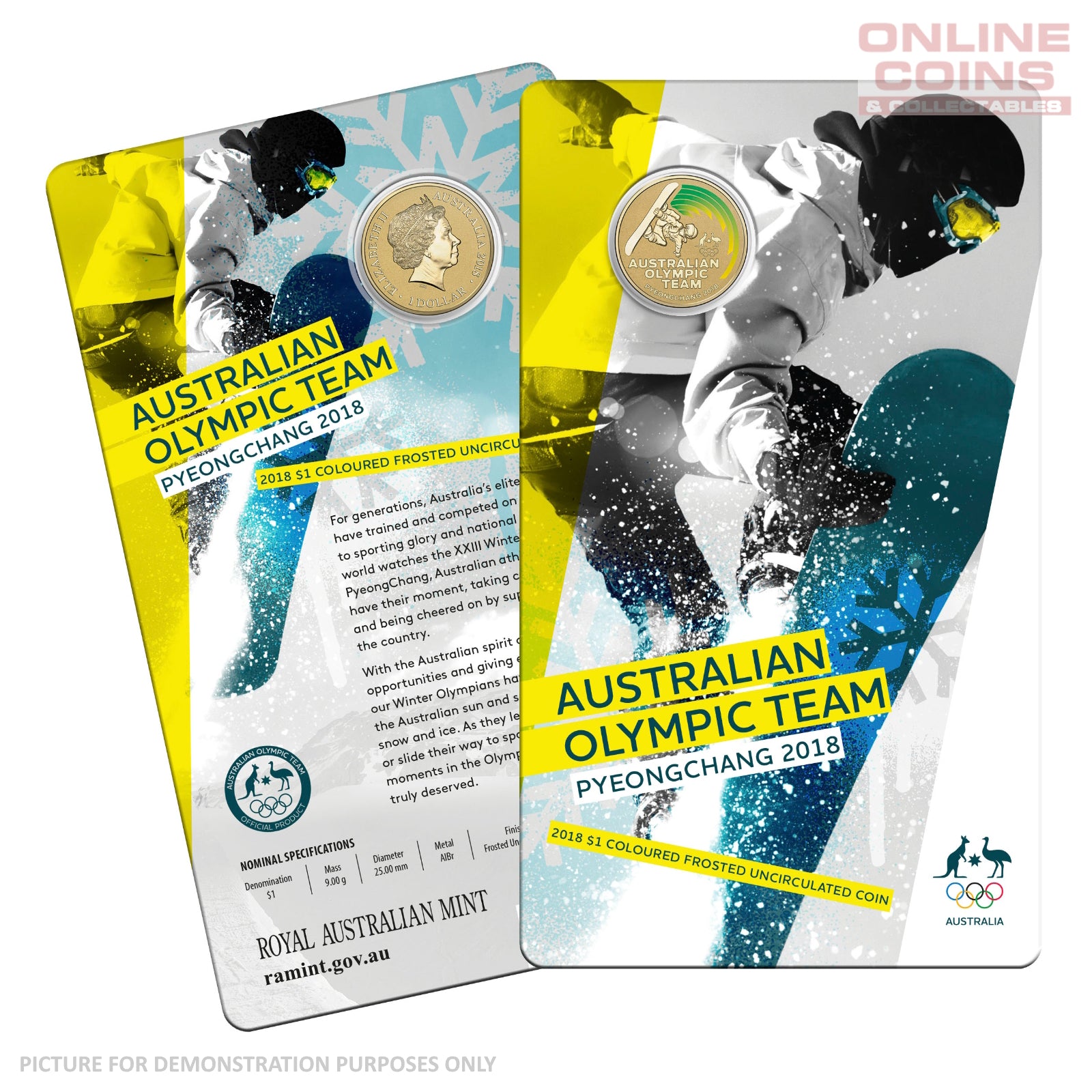 2018 $1 Coloured Frosted Uncirculated Carded Coin - Australian Olympic Team Pyeong Chang 2018